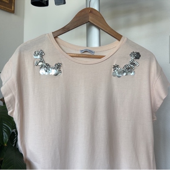 Zara Embellished Cotton Loose Fit Blouse/Top/Shirt/Tee Sz M rhinestones sequins - Picture 2 of 9